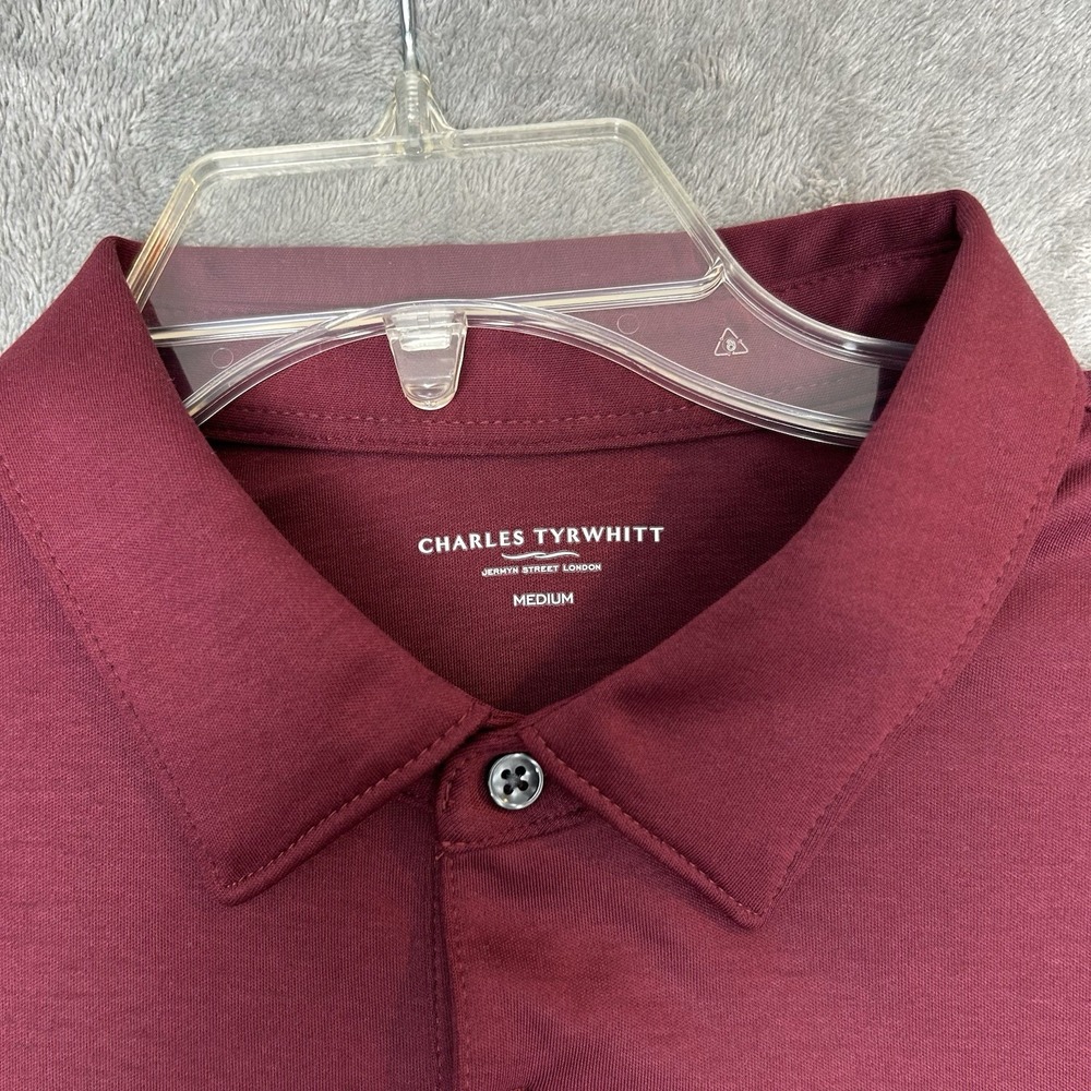 Charles Tyrwhitt Mens Medium Long Sleeves Polo Wine Red Shirt 100% Cotton Shirt - Picture 2 of 16